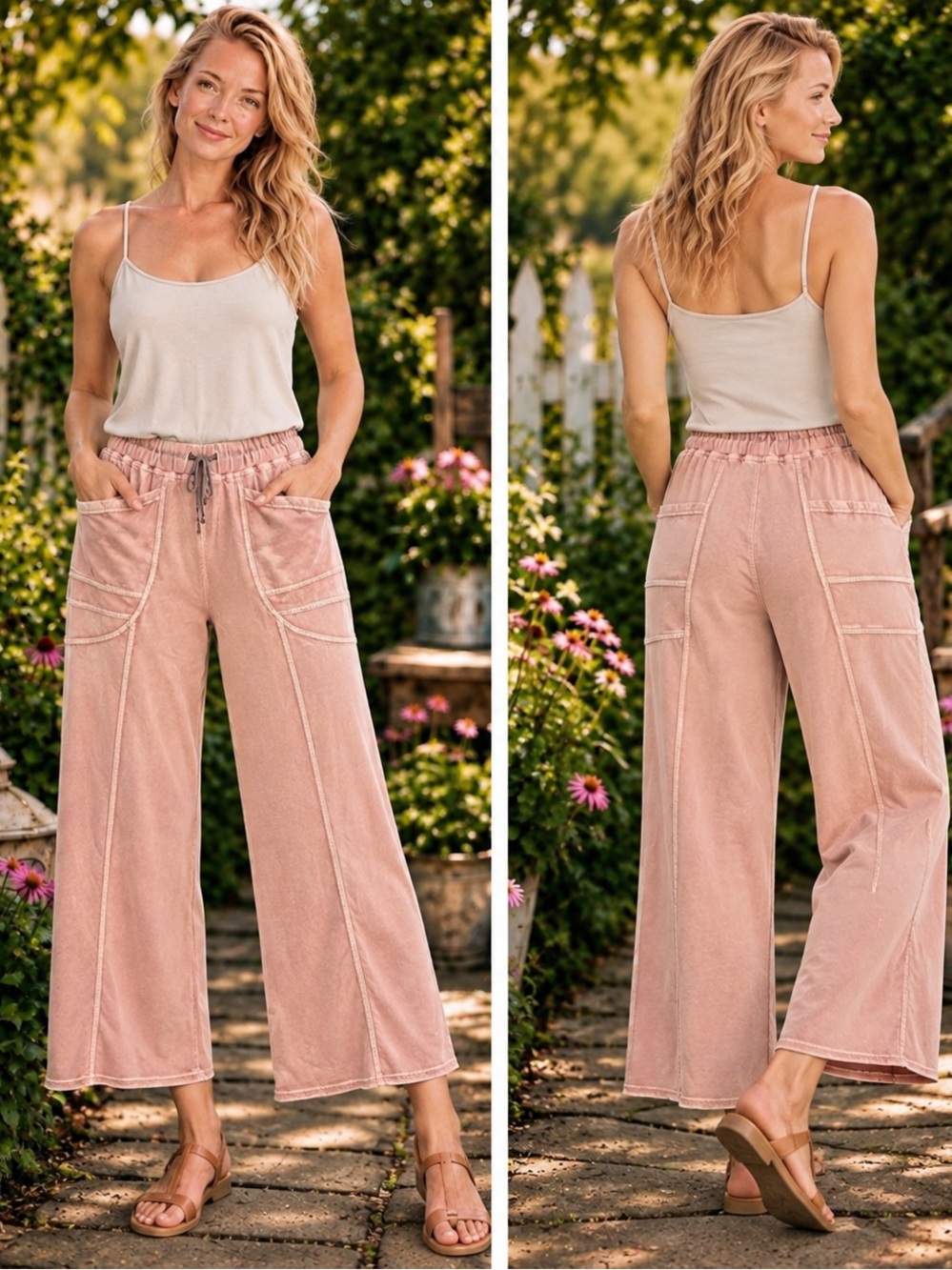 Easel Soft Pink Mineral Wash Wide Leg Pants – Large